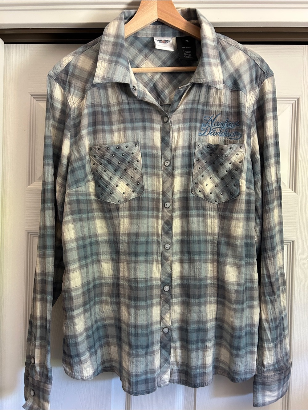 Harley-Davidson Plaid Studded Cotton Button-Down Shirt Bikercore Size XL - Picture 2 of 9